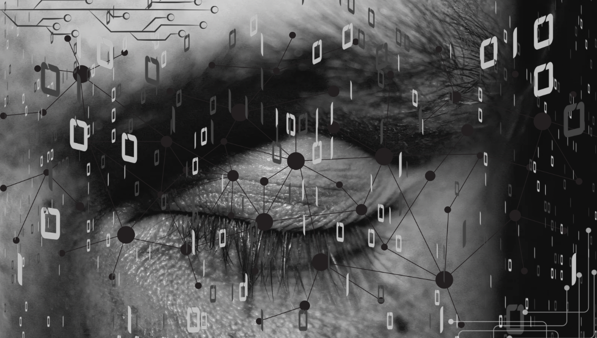 Closed human eye with digital circuit overlay, representing AI's invisible influence across organisational readiness and data strategy.